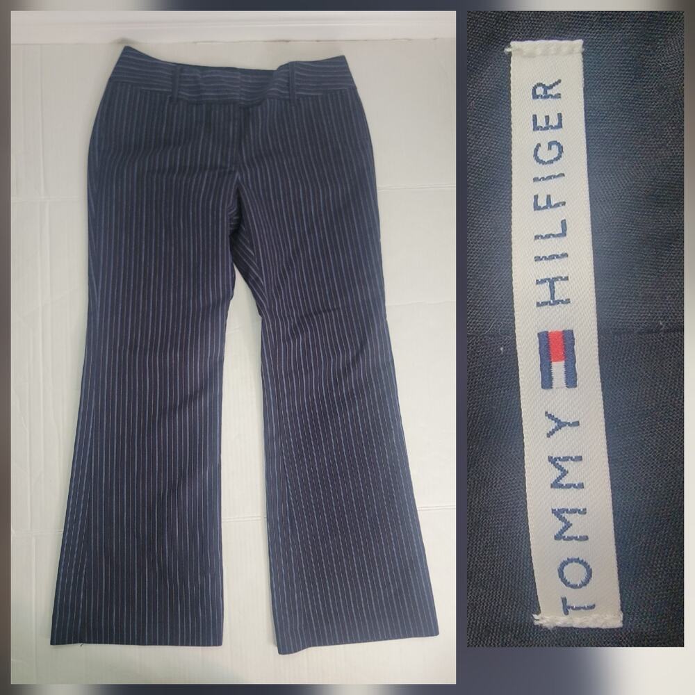 Tommy Hilfiger Trouser Pants Womens SZ 12 Wide Leg High Rise Striped Office Navy